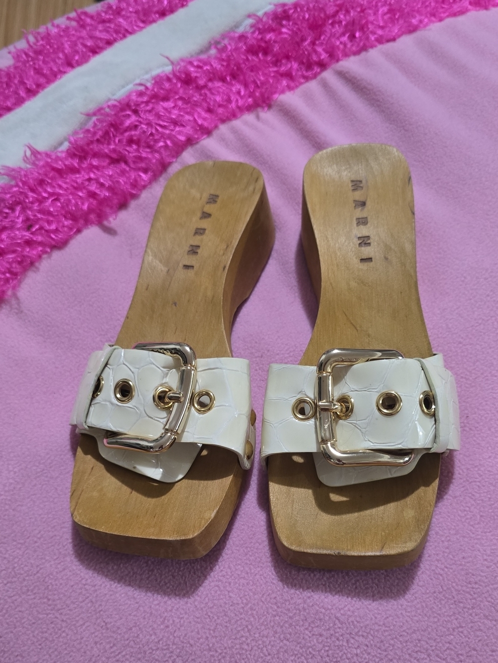 Marni White Leather Buckle Wood Wedge Slide Sandals